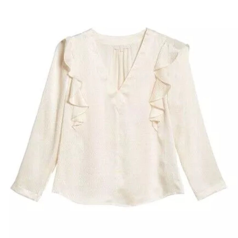 NWT Rebecca Taylor 100% Silk Ruffle Blouse Size 8 Ivory V-Neck $295 Long Sleeve - Picture 15 of 16